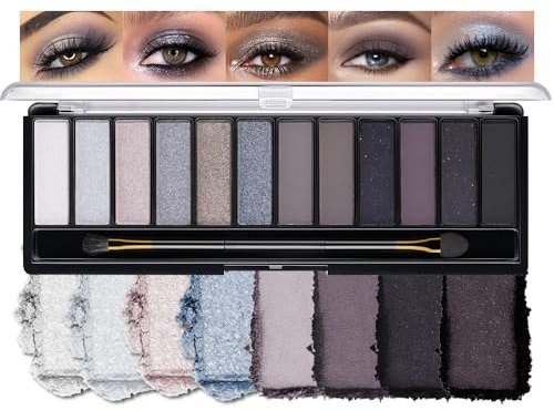 Kinretixia Lidschattenpalette mit 12 Farben in kühlen Tönen – Matt, Schimmer und Glitzer, Graublaues Augen-Make-up-Set Wasserfeste Palette mit hoher Pigmentierung