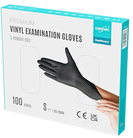 EUROPAPA® 100x Vinylhandschuhe Einweghandschuhe Untersuchungshandschuhe Einmalhandschuhe latexfrei puderfrei Vinyl Handschuhe in Gr. S, M, L & XL verfügbar (Schwarz Premium, S)