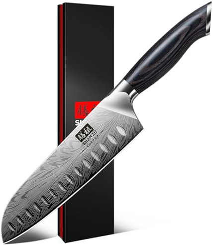 SHAN ZU Küchenmesser aus Pulverstahl, Japanisches Kochmesser Santokumesser, 18 cm Professionelle Chefmesser mit Hohem Kohlenstoffgehalt, Scharfes Küchenmesser mit Ergonomischem Pakkaholzgriff