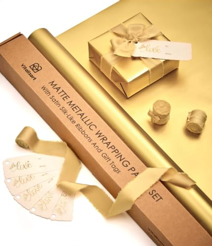 Vitalizart Goldenes Metallic-Geschenkpapier 76 cm x 5 m mit 3 Rollen Goldene Geschenkband und 6 Geschenkanhängern, Geschenkpapierset für Geburtstage, Hochzeiten, Baby-Showern und Weihnachten