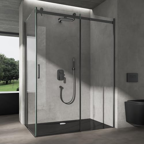 doporro Duschkabine mit Schiebetür Eckdusche 90x120x195cm Duschabtrennung schwarz 8mm ESG-Sicherheitsglas Klarglas inkl.Nano-Beschichtung Ravenna19