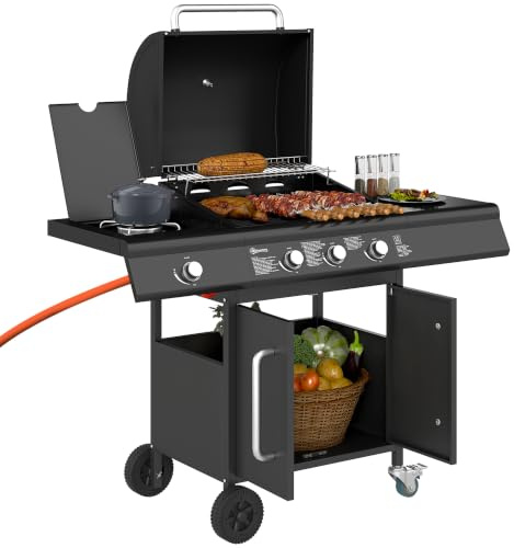 Outsunny Gasgrill 12,2 KW 3+1 Brenner Seitenbrenner 118,5 x 56 x 110 cm | BBQ Grillwagen, Edelstahl, Inkl Rolle, Thermometer, Grillrost, Kochfeld, Seitentisch, Gas-Grill, für Balkon Camping