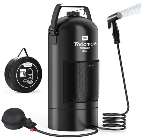 Tadomoe 20L Druck Campingdusche mit Fußpumpe, Faltbar | Ohne Aufhängen, 2m Schlauch, für Vanlife & Hundedusche, Auslaufsicher, inkl. Tragetasche