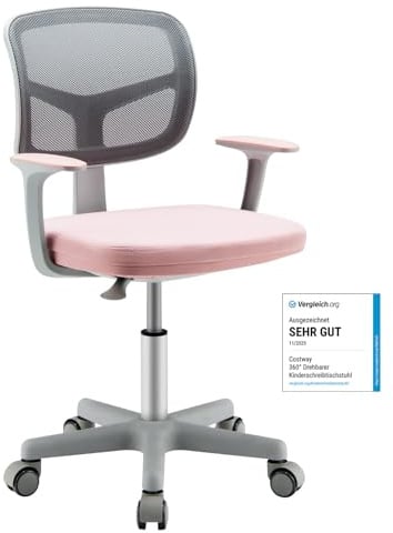COSTWAY Schreibtischstuhl Kinder 360° drehbar, Sitzhöhe 40-54 cm (Rosa) | Kinderschreibtischstuhl höhenverstellbar, Kinderdrehstuhl mit Rückenlehne & Armlehnen, Bürostuhl für Kinder ab 3 Jahren