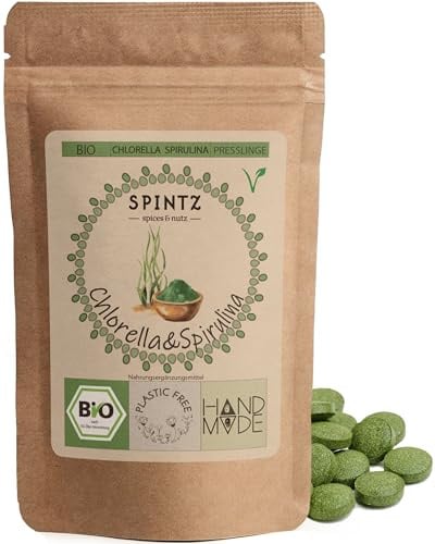 SPINTZ® Bio Spirulina + Chlorella Presslinge 400 Stück | 100% kontrolliert biologischer Anbau | Vegane Chlorella Spirulina Tabletten 500mg/Tab | Plastikfrei verpackte Spirulina Chlorella Tabletten
