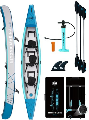 BEYOND MARINA aufblasbares Kajak für 3 Personen, Drop-Stitch Tandem Kayak Set für Erwachsene mit Paddeln, Sitzen, Pumpe, Finne & Tragetasche, robust & vielseitig, 460x81x55 cm