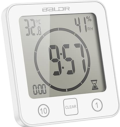 ONEVER Badezimmer-Uhr Digitale Luftfeuchtigkeit Temperatur Digitaluhr Timer Uhr LCD Display Touch Control Timer Alarm für Küche Badezimmer (Weiß)