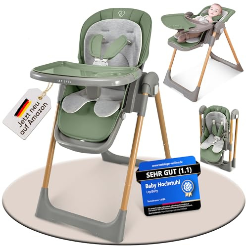 LepiBaby FlexiCo Hochstuhl Baby mit Liegefunktion & Neugeborenenaufsatz, Klappbar & Höhenverstellbar | Kinderstuhl Kinderhochstuhl Babystuhl | Mitwachsend Kind ab Geburt, 1-3 Jahre | Grün