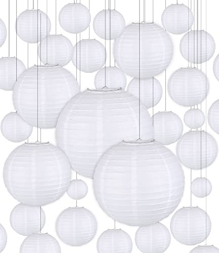 Papierlaterne 30 Stücke Lampions Weiße Papier Laterne Hängende Runde Papierlaternen für Hochzeit Geburtstag Feiern Garten Deko (Verschiedene Größen von 15cm 20cm 25cm 30cm)