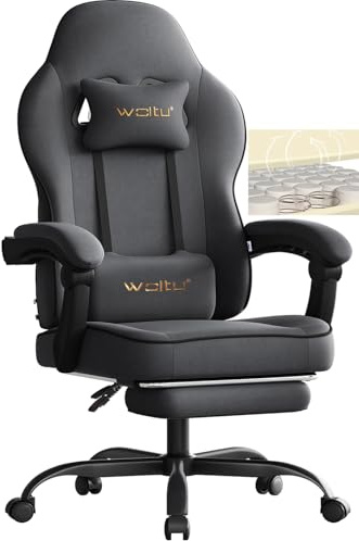 WOLTU Gaming Stuhl Stoff mit Bequemlichkeit Federunterlage, Kühl im Sommer, Gamer Chair Sessel Hohe Belastbarkeit ergonomischer mit Kopfkissen, Lendenkissen, Fußstütze, Tech-Stoff, Grau