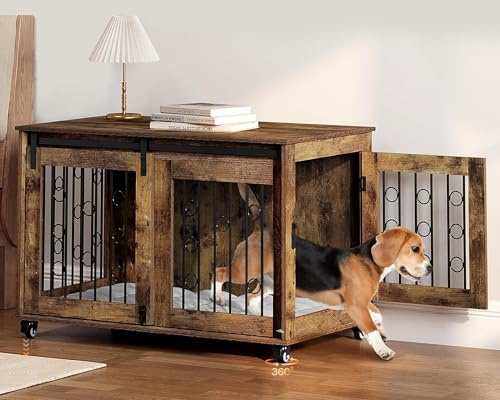 EUGAD Hundekäfig Möbel 100cm Hundebox Zuhause mit 2 Tür 5 Rädern, Hundekäfig für Zuhause Kleine/Mittlere/Große Hunde bis zu 60kg,Hundebox Holz Dekorative Hundeschrank Vintagebraun 100x56x58cm
