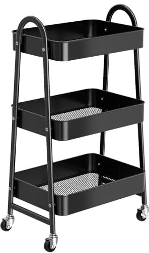 3-Tier Rollwagen Metall Schwarz, Küchenrollwagen mit 360° drehbaren Rollen und Griffen, Multifunktionaler Servierwagen & Aufbewahrungswagen für Küche, Bad, Büro und Wohnbereich