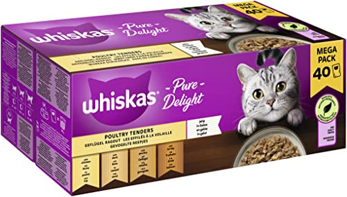 Whiskas 1+ Katzennassfutter Ragout Geflügel Auswahl in Gelee, 40x85g (1 Packung) – Hochwertiges Nassfutter für ausgewachsene Katzen in 40 Portionsbeuteln