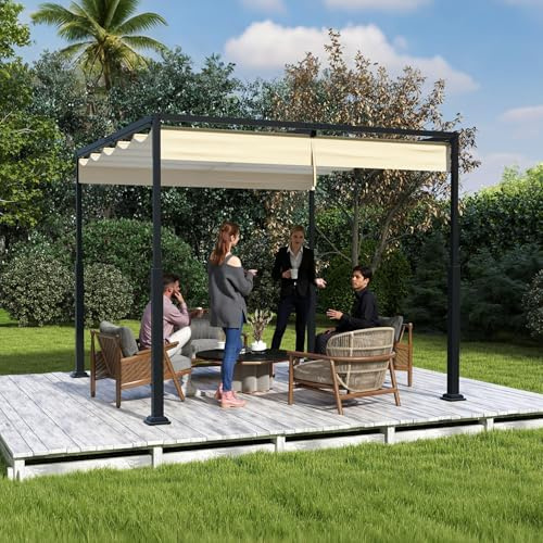 Aufun Pergola mit Schiebedach 3x3m Pavillon Terrassenüberdachung Beige | aus Metall, mit stabilem Stahlgestell und Schiebedach aus PA-beschichtetem Polyester, UV Schutz für Outdoor