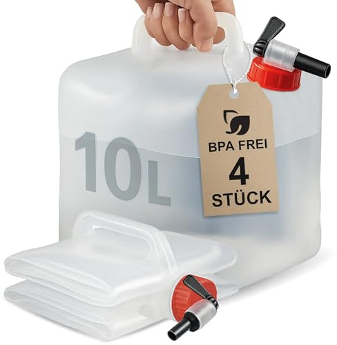 Movoja 4 Stück 10L Faltbarer Wasserkanister mit Hahn - BPA-Frei & Lebensmittelecht I Outdoor Camping Wasserbehälter faltbar Trinkwasserkanister Faltkanister Trinkwasser Water Kanister 10l 10 Liter