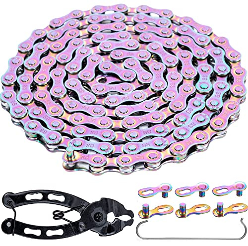 YBEKI Bunter Fahrradkette 6/7/8-fach Carbon Stahl – 11.500 PSI Zugfestigkeit | 1/2x11/128 Zoll 116 Glieder mit 3× PowerLock+Werkzeug | Kompatibel 6-8 Gang MTB/Rennrad