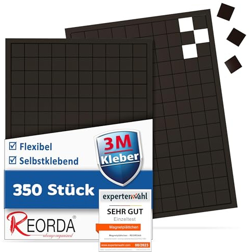 REORDA Magnetplättchen selbstklebend (350 Stück) - Magnetstreifen - Marken-Kleber ermöglicht stärkste Klebekraft - Flache Magnete I Magnetfolie selbstklebend