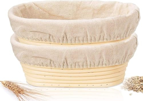 Sthrucrack Banneton - Set mit 2 ovalen, 25 cm großen, brotsicheren Körben aus natürlichem Rattan mit Leinenstofffutter für professionelle und Hobby-Bäcker zum Herstellen von handgemachtem Brot