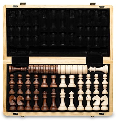 A&A Magnetic Wooden Chess Set, 38.1 cm, Folding Board, 7.6 cm, King Height German Knight Staunton Chess Pieces/Mahogany & Maple Wood / 2 Extra Queen/Board Games