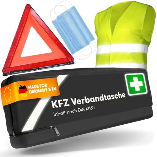 PURAHELP® KFZ Erste Hilfe Set Kombitasche schwarz [DIN 13164] | Inkl. Warndreieck & Warnweste - Auto Erste Hilfe Kit mit Verbandstasche - StVO Konform