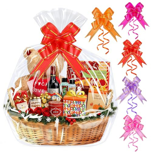 Große Geschenkfolie Transparent Cellophantüten,5 Stück Geschenkfolie 70x100cm,Durchsichtiges Geschenkpapier Cellophantüten Mit 5 Zugschleifen Geschenke Körbe,Blumen,Kunsthandwerk,Leckerli, Hochzeit