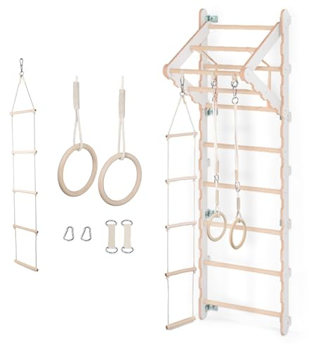 MAMOI® Sprossenwand 210 cm für Erwachsene, Holz Kletterwand mit Klimmzugstange, Turnringen und Kletterseil, Trainingsgerät für Zuhause und Fitnessraum