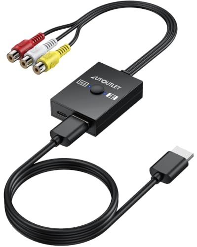 AUTOUTLET RCA auf HDMI Adapter, 16:9/4:3 Konvertierung 1080P Composite CVBS AV zu HDMI Video Audio Konverter mit 50CM abnehmbares HDMI Kabel & PAL/NTSC, für Wii/PS1/PS2/N64/Xbox/DVD/VCR/VHS