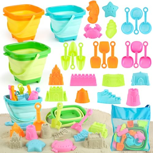 YIMORE Sandspielzeug Strandspielzeug Kinder, 28 PCS Sandkasten Spielzeug Kinder mit Faltbarer Eimer, Sandförmchen, Tasche, Gartenspielzeug ab 2 3 4 5 Jahre Mädchen Junge