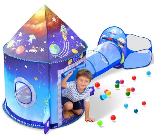 3 in 1 Raketenschiff Spielzelt mit Tunnel Ball Grube für Kind Raum Themed Pop Up Spielhaus Indoor Outdoor Astronaut Zelt Set Spielzeug Geschenk Rocket Ship Play Tent für Junge Mädchen Kleinkind