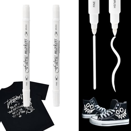 Nurila 2 Stück Weiß Textilstifte Waschmaschinenfest, Stoffmalstifte Waschfest, Doppelkopf Textilmarker, Stoffstifte Waschmaschinenfest für T-Shirts, Hut, Segeltuchschuhe, Einkaufstasche