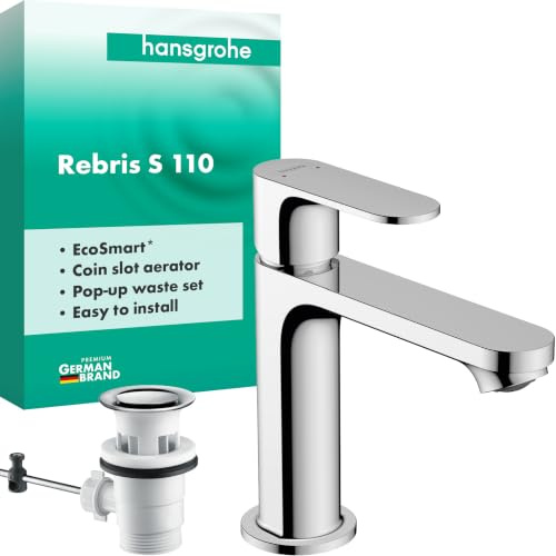 hansgrohe Rebris S - Waschtischarmatur mit Zugstangen-Ablauf, Wasserhahn Bad mit Auslauf Höhe 109 mm, Mischbatterie Waschbecken wassersparend (EcoSmart), Chrom, 72517000