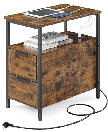 VASAGLE Beistelltisch, Nachttisch mit Steckdosenleiste, 2 Schubladen, Sofatisch, Nachtschrank für Wohnzimmer, Schlafzimmer, vintagebraun-tintenschwarz LET325B01