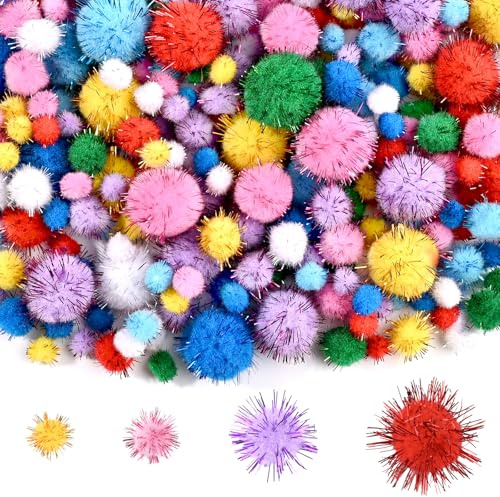 NACHLYNN 1000 Glitzer-Pompons zum Basteln Großpackung 4 Größen Bunt Weiche Flauschige Pompons Bommel zum Basteln DlY-Dekorationsaktivitäten, mit Aufbewahrungstasche (Mehrfarbig)