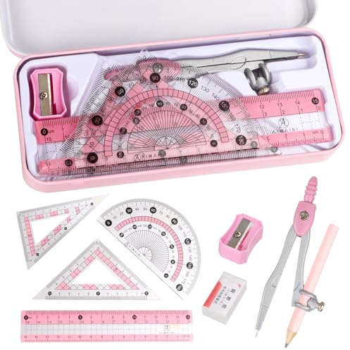 Mathematik-Set, Geometrie-Set, Winkelmesser und Zirkel-Set mit Metallbox, Zeichenzirkel mit Linealen, Mathematik-Zirkel-Set für Klassenbedarf und Schule, 9-teilig