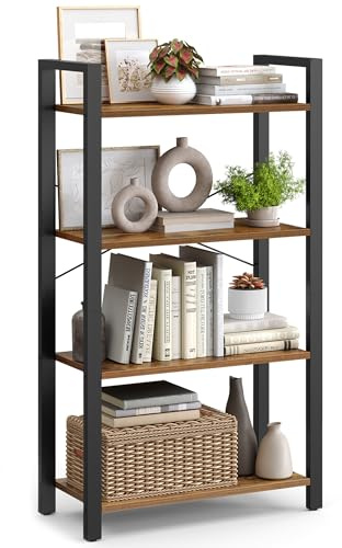 VASAGLE Regal, Bücherregal, Standregal, DVD-Regal, mit 4 Ebenen, Büroregal, offene Ablagen, für Büro, Wohnzimmer, Schlafzimmer, Küche, 30 x 66 x 120 cm, vintagebraun-tintenschwarz LLS60BX