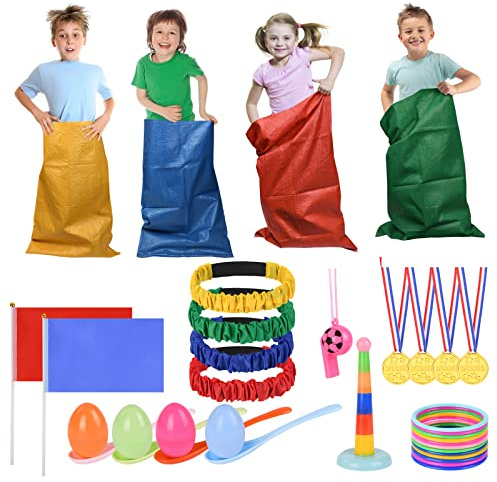 Flintronic 36 Stück Kindergeburtstag Spiele, Outdoor Spiele Gartenspiele für Kinder Erwachsene, 3Bein Rennen, Eierlaufen, Medaillen, Sackhüpfen Kindergeburtstag für Kinderparty