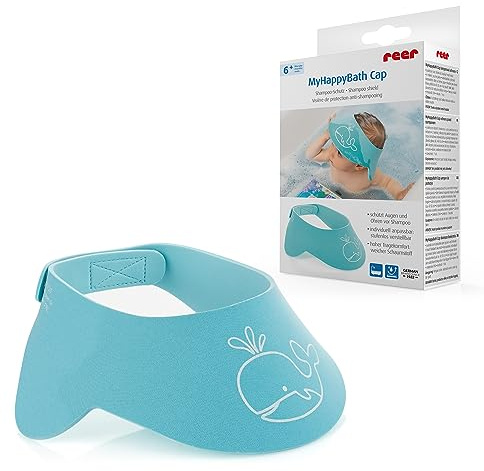Reer MyHappyBath Cap Shampoo-Schutz, schützt Dein Kind vor Tränen beim Haarewaschen, stufenlos verstellbar, blau, 40-55 cm Kopfumfang