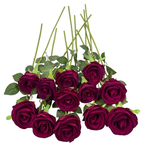 Woltoy 12 Stück Samtig Strukturiert Fake Rosen, Dunkelrot Langstielige Künstliche wie Echt Kunstrosen für Haus, Garten, Party, Hochzeitsstrauß und Büro Dekoration