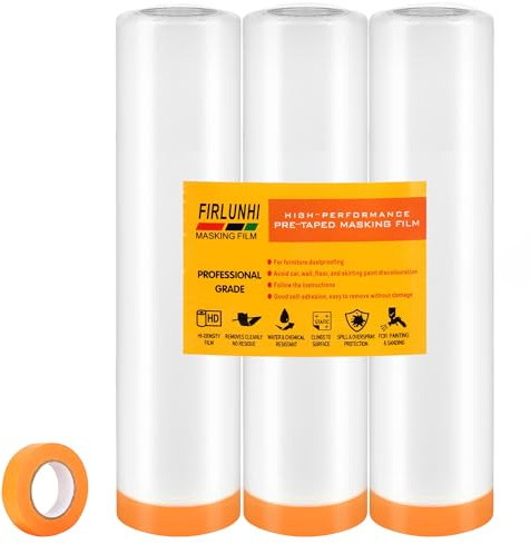 FIRLUNHI Abdeckfolie mit Klebeband, 3 rolls of 180CM x8M,abdeckfolie maler,abdeckfolie auto lackieren,Selbstklebende folie,Für Wandanstriche, Schutz von Autolacken, Staubschutz für Möbel
