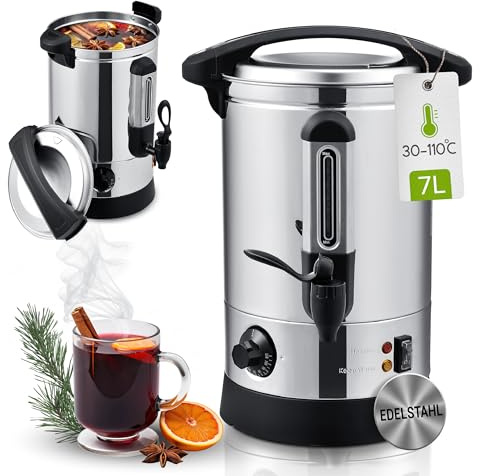 Juskys Glühweinkocher Teramo 7 Liter 1500W mit Zapfhahn, Thermostat & Überhitzungsschutz, 30-110°C, Edelstahl, elektrisch, Heißgetränkespender Glühweinkessel Heißwasserspender Glühweintopf