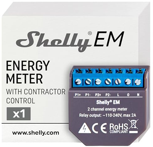 Shelly EM - Wlan-gesteuerter intelligenter Energiezähler mit Schützsteuerung, Hausautomatisierung, Alexa & Google Home kompatibel, iOS Android App, Kein Hub nötig, Duale Leistungsmessung, 12,07 dBm