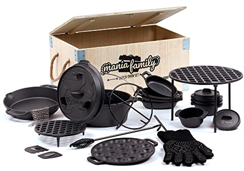 BBQ-Toro 19-teiliges Dutch Oven Set Mania Family in Holzkiste | Mit Feuertopf und mehr | Gusseisen - Bereits eingebrannt | Grill, Dutch Ovens, Grilltopf