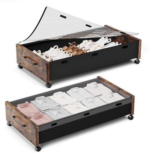 Unterbettkommode mit Rollen, rollende Unterbettkommode aus Holz, mit abnehmbarem Deckel, große Metall-Aufbewahrungsbehälter für Schuhe, Decken, Kleidung, Schlafzimmer, Schlafsäle (Vintage-Braun