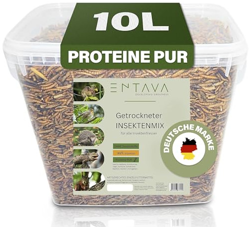 Entava Soldatenfliegenlarven & Mehlwürmer getrocknet (10L) - Getrocknete Insekten in Premium-Qualität, Insekten Snack für Vogelfutter, Koifutter, Igelfutter, Eichhörnchenfutter, Futter für Wildvögel