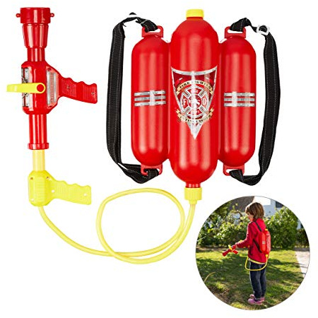 Relaxdays Feuerwehr Wasserspritze, 2,5 l Wassertank, rot-gelb | 5 m Reichweite, 2 Sprühfunktionen, Löschrucksack Kinder