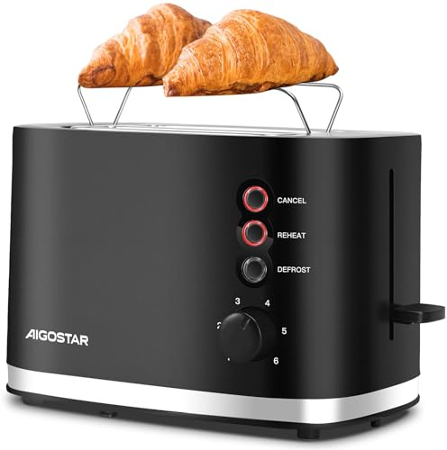 Aigostar Toaster 2 Scheiben mit Brötchenaufsatz, extra breite Toastschlitze | 6 Bräunungsstufen, Abbruch-, Auftau- & Aufwärmfunktionen, Liftfunktion, Krümelschublade, 800W, Schwarz