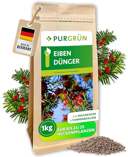 Purgrün® Eibendünger 1 kg – Organisch-mineralische Rezeptur – Feinkörniges Krümelgranulat – NPK 5+4+6 – Extra Magnesium für leuchtend grüne Nadeln – Verbessert die Bodenqualität