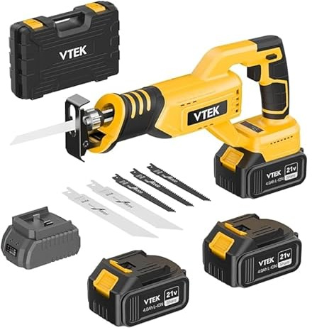 VTEK bürstenlosem Akku Säbelsäge,20V Akku Säbelsägen,2 x Akkus & 5Sägeblätter,0–3000 U/min Akku Reciprosäge zum Schneiden von Holz/Metall/Kunststoff
