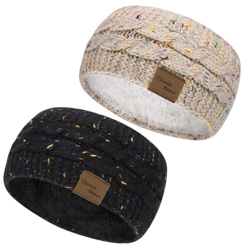 Winter Schleifen Stirnband Damen Gestrickt Warmes Stirnbänder Ohrenwärmer | Kopfband Haarband Verdicken für Frauen Mädchen, Elastische Häkelarbeit Thermo Stirnband (Reines Schwarz, reines Grau)