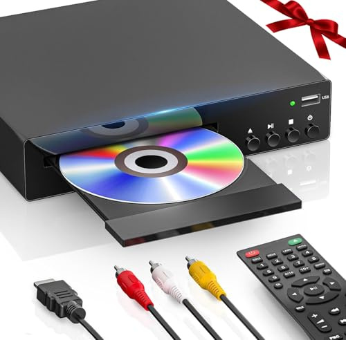 DVD Player HDMI für Fernseher, unterstützt 1080P, NSTC/PAL, Region Free | Kompaktes Design DVDs-Players mit HDMI&RCA-Kabel, USB-Eingang, Fernbedienung